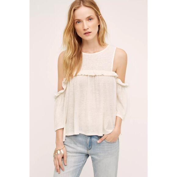 ANTHROPOLOGIE MEADOW RUE sz XS white linen Ruffled Open Shoulder top EUC - Picture 1 of 7